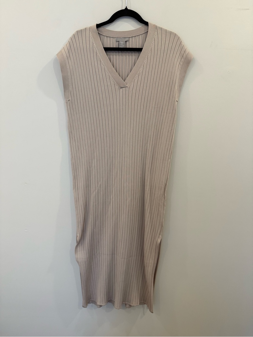 H&M Ribbed V-Neck Midi Dress in Light Beige